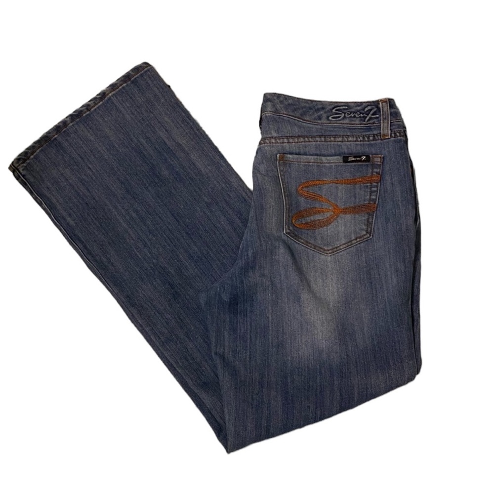 Seven7 Studio Flare Rise Blue Jeans Medium Wash Stretch Embroidered Back Pockets
